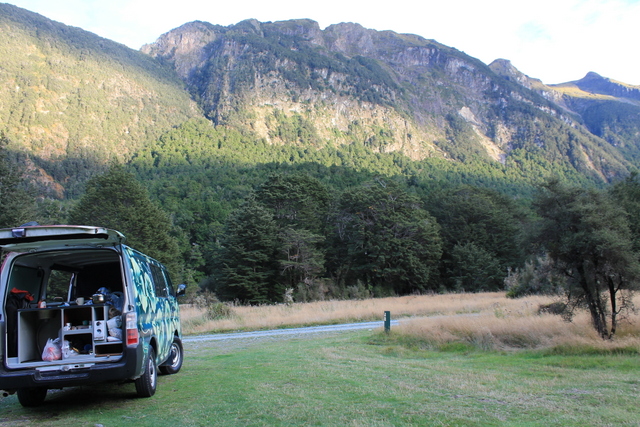 Campervan in Mackay Creek DOC Campsite, Fiordland, NZ